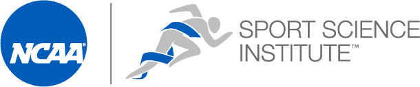 NCAA logo as white text reversed from blue circle with illustrative mark of a runner wrapped in a blue ribbon, running in the direction of the words "SPORT SCIENCE INSTITUTE" in grey text.