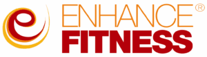 Logo features 'ENHANCE' (in thin orange text) stacked above 'FITNESS' (in bold red text) with swirly 'e' as logomark on left
