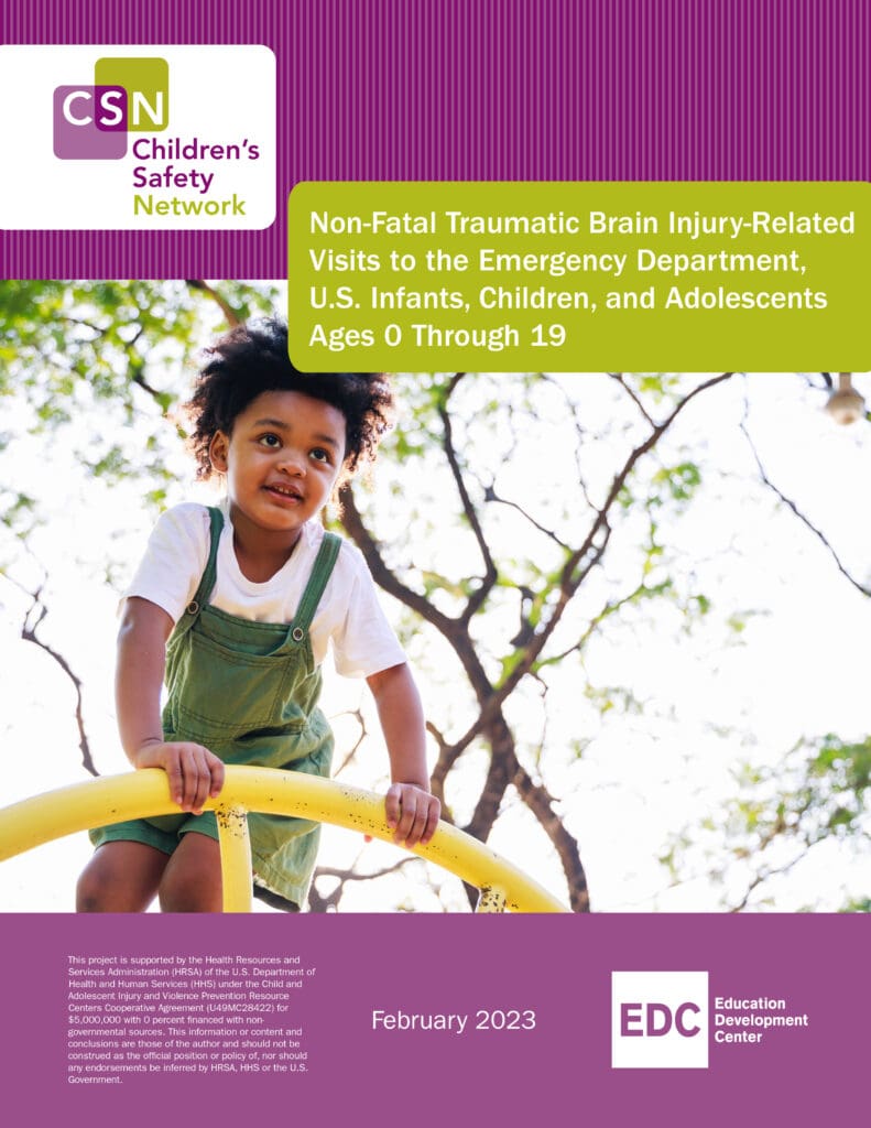 Image of Children Safety Network's February 2023 'Non-Fatal Traumatic Brain Injury-Related Visits to the Emergency Department, U.S. Infants, Children, and Adolescents Ages 0 Through 19' Fact Sheet front cover features child climbing on playground equipment