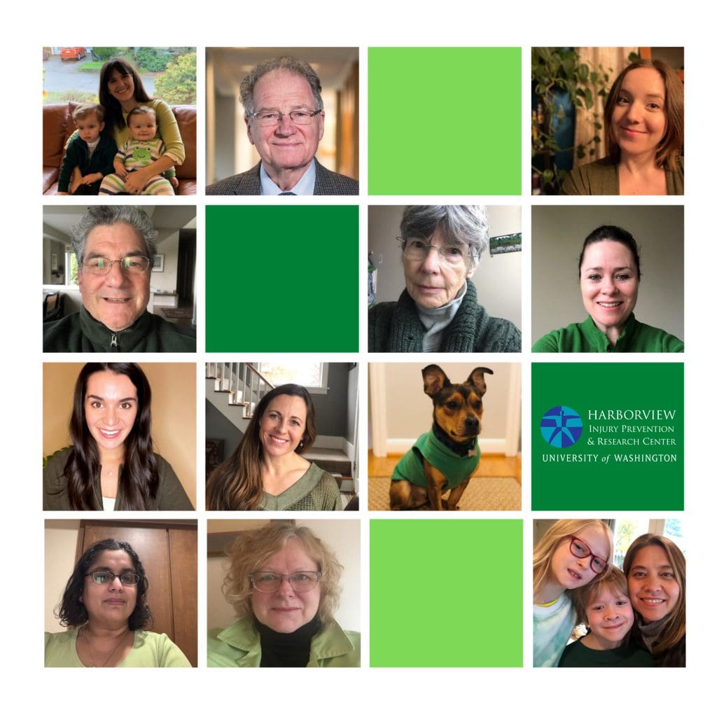 Photo collage of HIPRC Faculty & Staff supporting in Green our annual National Injury Prevention Day (NIPD)