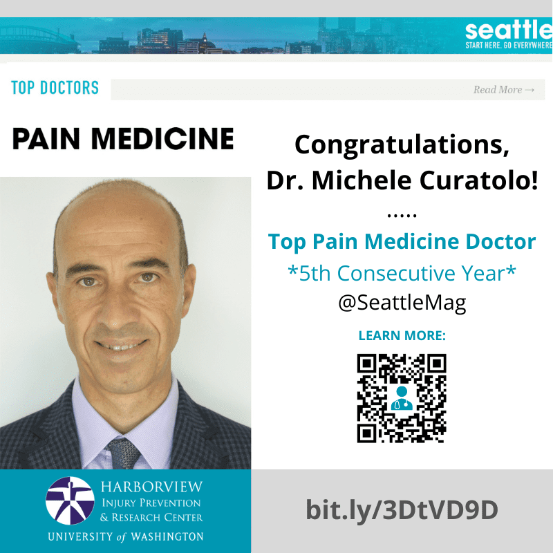 Image congratulating Dr Michele Curatolo voted Top Pain Medicine Doctor in Seattle Magazine 2023 with QR code to learn more at: bit.ly/3ObOoYG